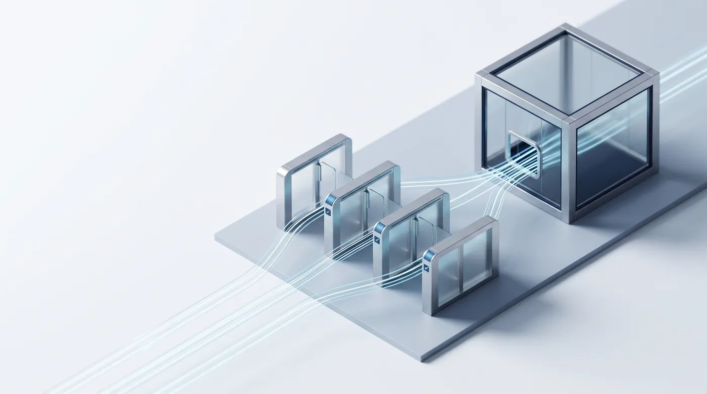 Data streams passing through a row of approval gates before entering a sealed glass enclosure.